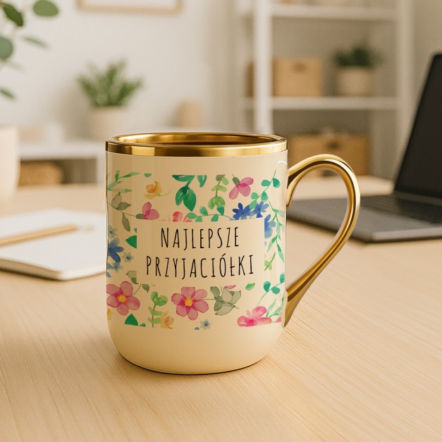 Kubek ceramiczny ze złotym rantem i uchem dla przyjaciółki na urodziny