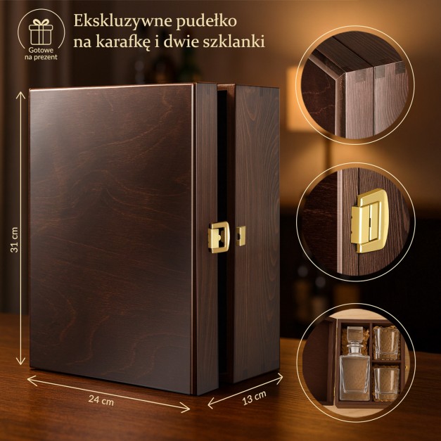 Ekskluzywne drewniane pudełko na karafkę i 2 szklanki + GRATIS