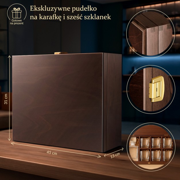 Ekskluzywne drewniane pudełko na karafkę i 6 szklanek + GRATIS