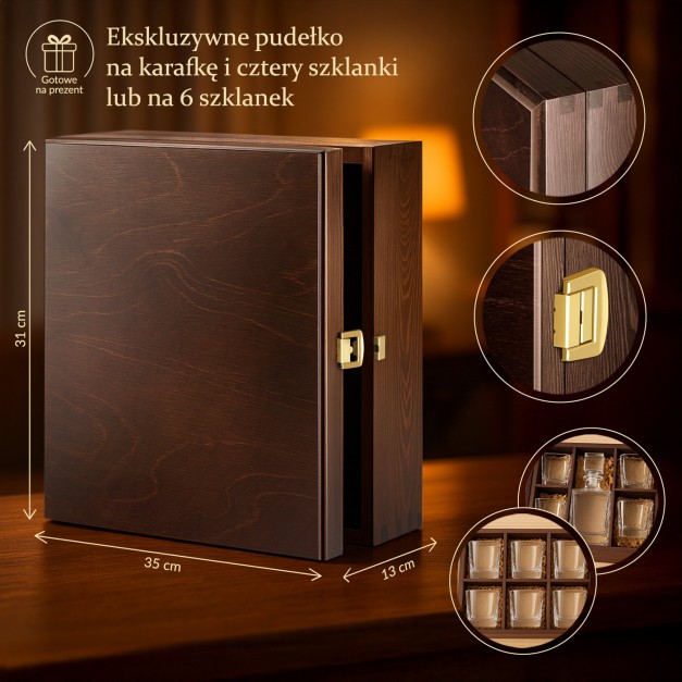 Ekskluzywne drewniane pudełko na karafkę i 4 szklanki lub 6 szklanek + GRATIS