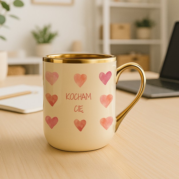 Kubek ceramiczny ze złotym rantem i uchem dla niej na walentynki rocznicę