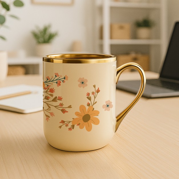 Kubek ceramiczny ze złotym rantem i uchem dla niej na imieniny