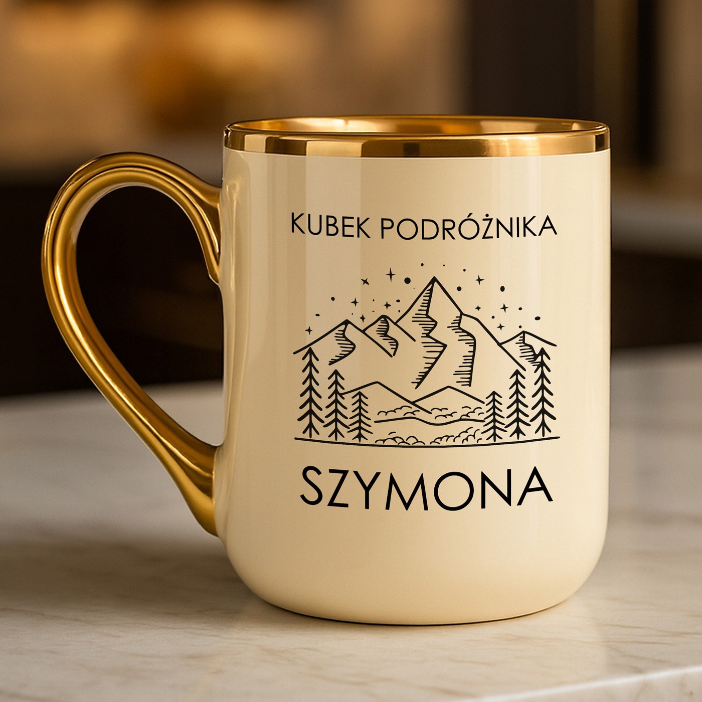 Kubek ceramiczny ze złotym rantem i uchem dla podróżnika