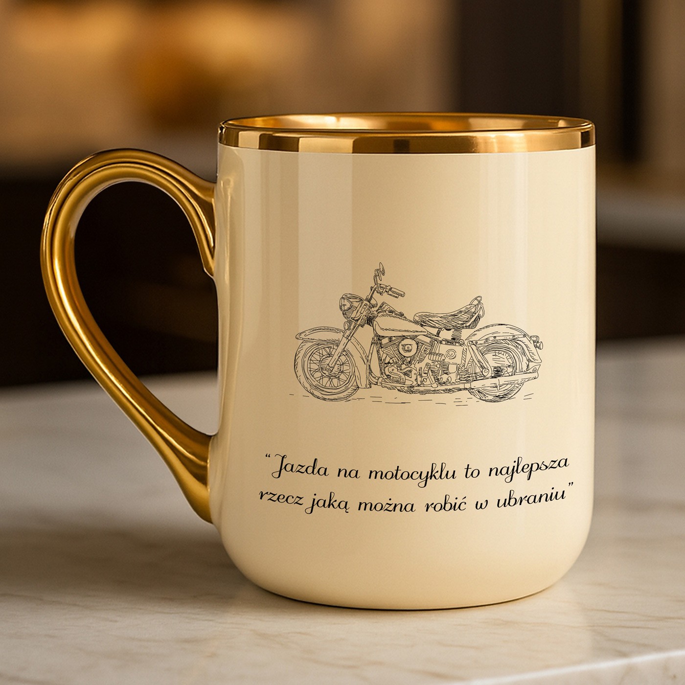 Kubek ceramiczny ze złotym rantem i uchem dla motocyklisty taty chłopaka męża