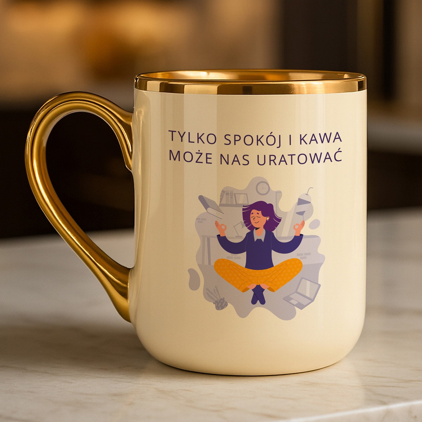 Kubek ceramiczny ze złotym rantem i uchem dla nauczycielki na zakończenie roku