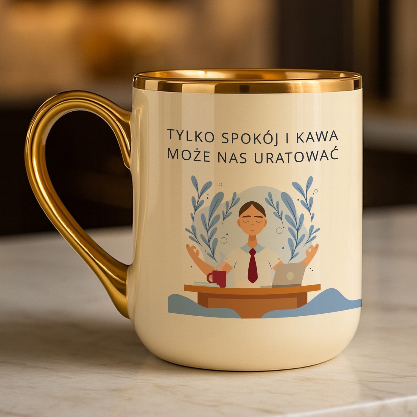 Kubek ceramiczny ze złotym rantem i uchem dla niego nauczyciela