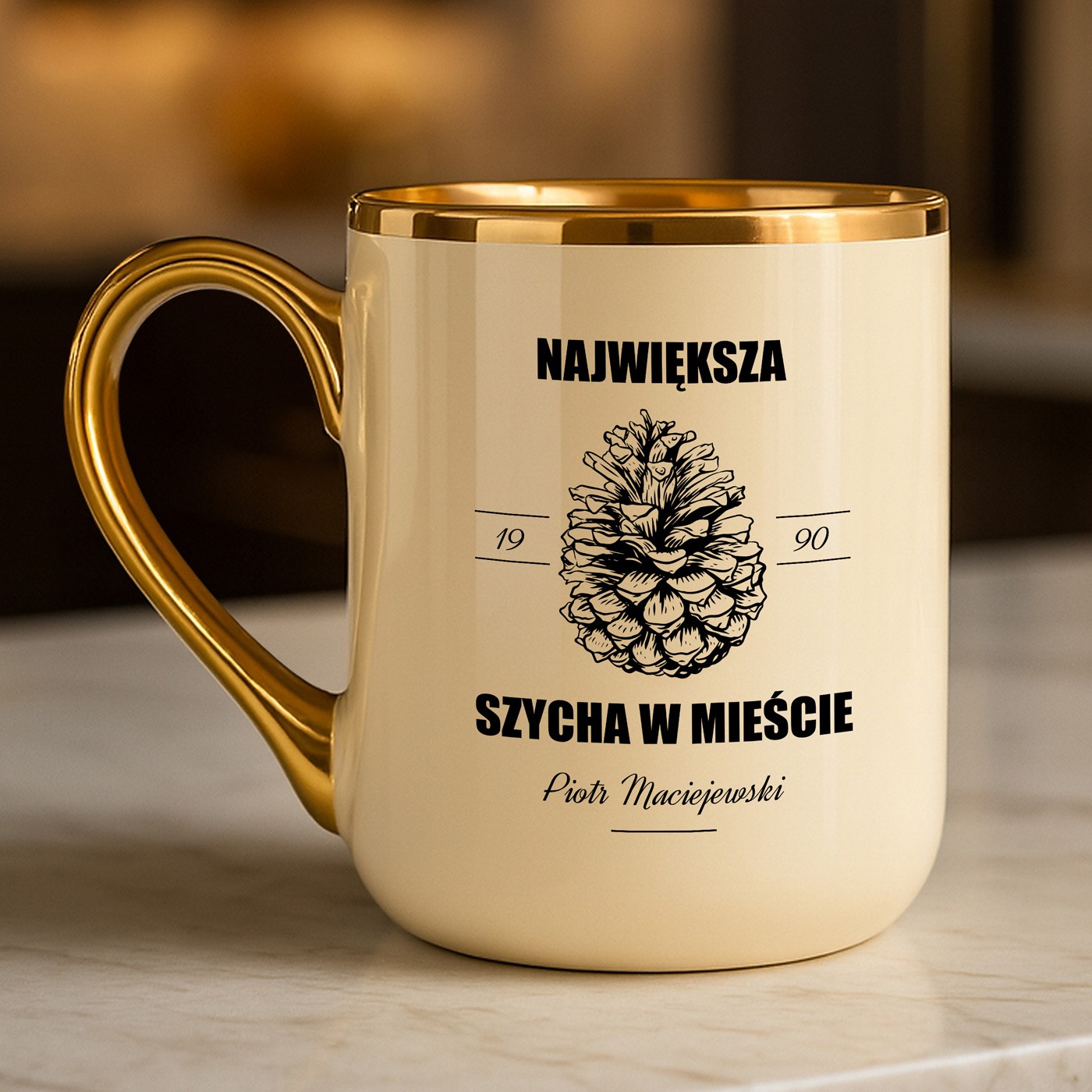 Kubek ceramiczny ze złotym rantem i uchem dla mężczyzny na urodziny