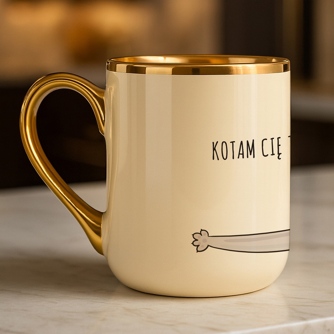Kubek ceramiczny ze złotym rantem i uchem dla kociary na imieniny