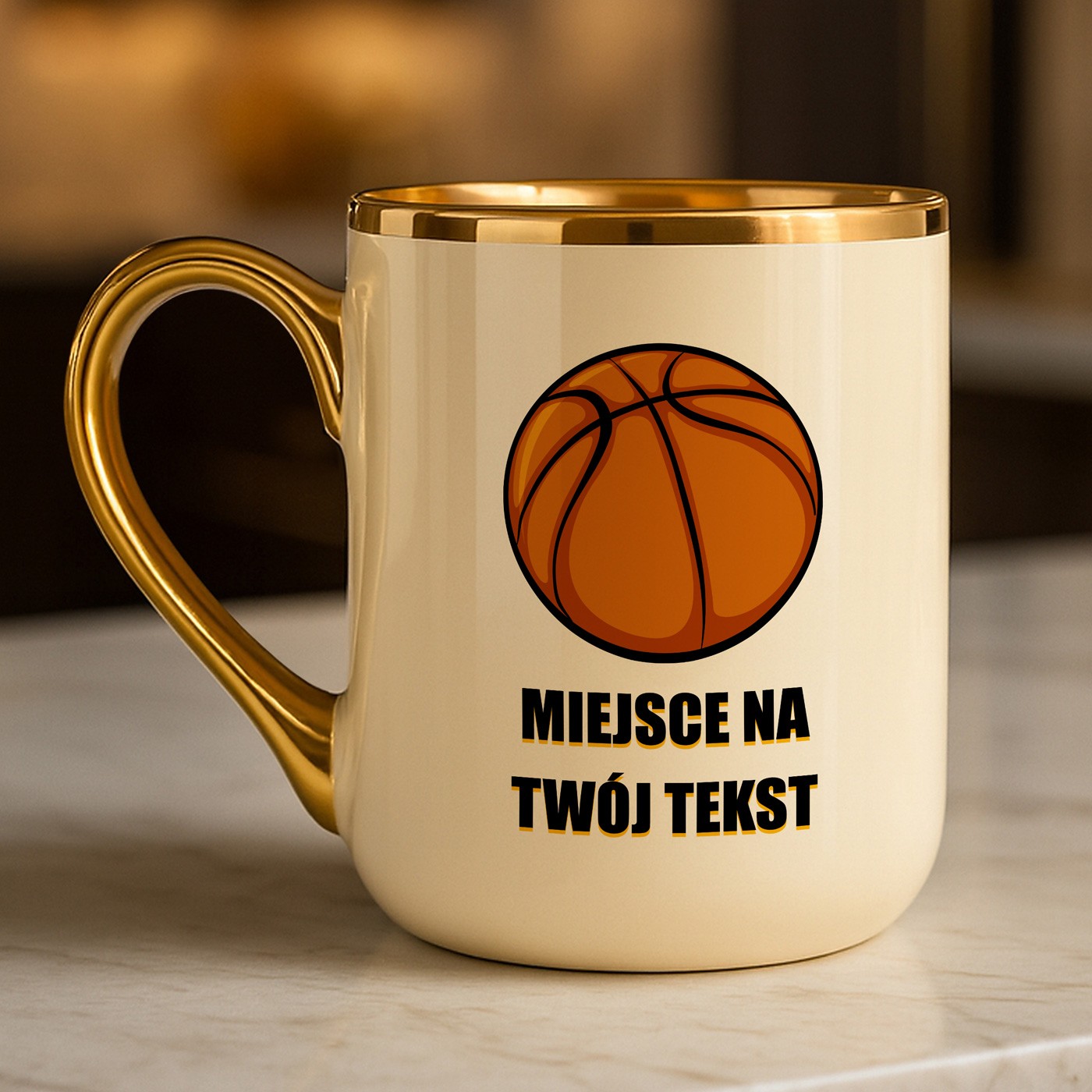 Kubek ceramiczny ze złotym rantem i uchem dla chłopaka koszykarza