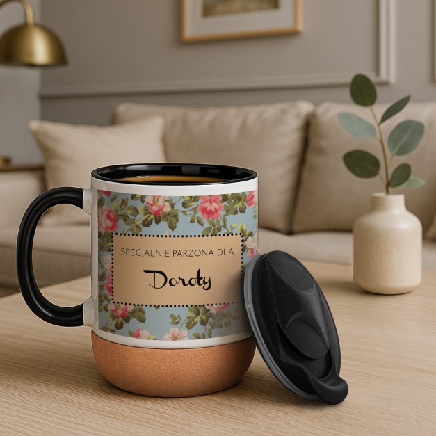 Kubek ceramiczny biały z przykrywką dla niej na imieniny
