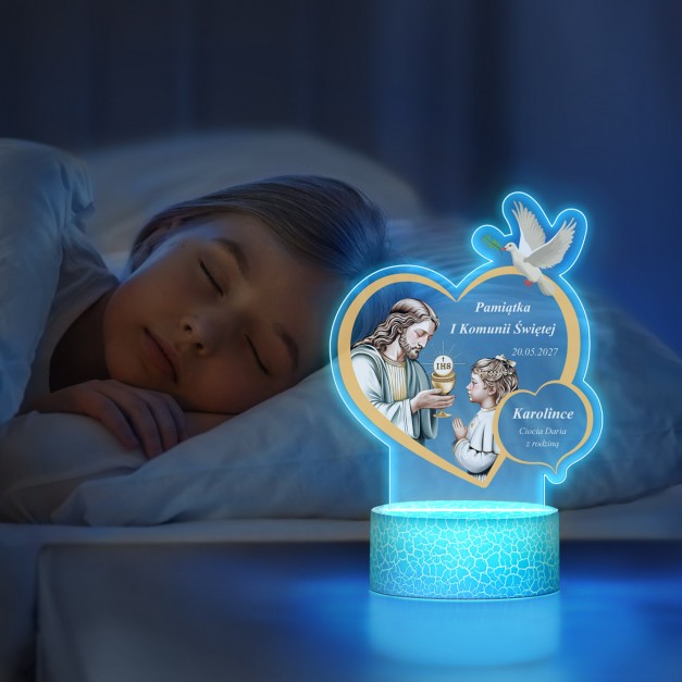 Lampka LED L 3D z nadrukiem na szkle akrylowym dla dziewczynki na I Komunię Świętą