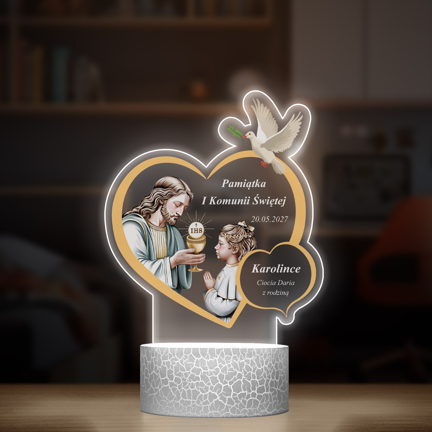 Lampka LED L 3D z nadrukiem na szkle akrylowym dla dziewczynki na I Komunię Świętą