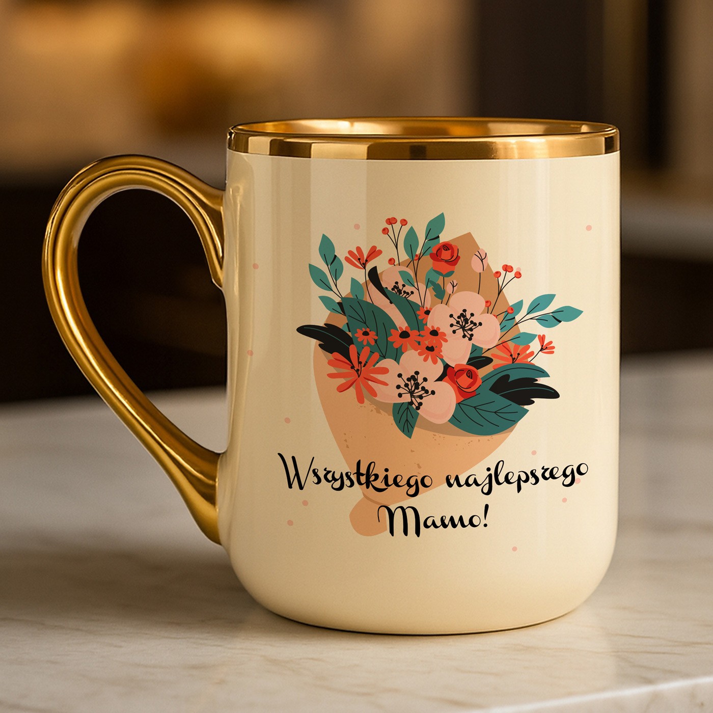 Kubek ceramiczny ze złotym rantem i uchem dla mamy na urodziny