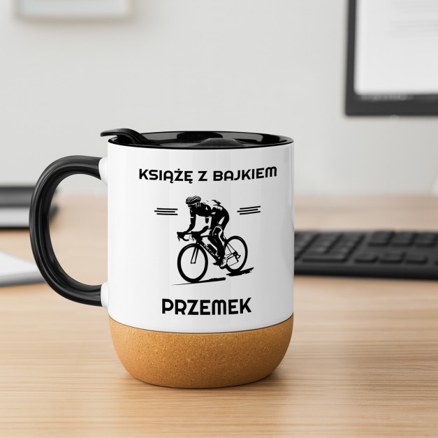 Kubek ceramiczny biały z przykrywką dla rowerzysty kolarza na imieniny