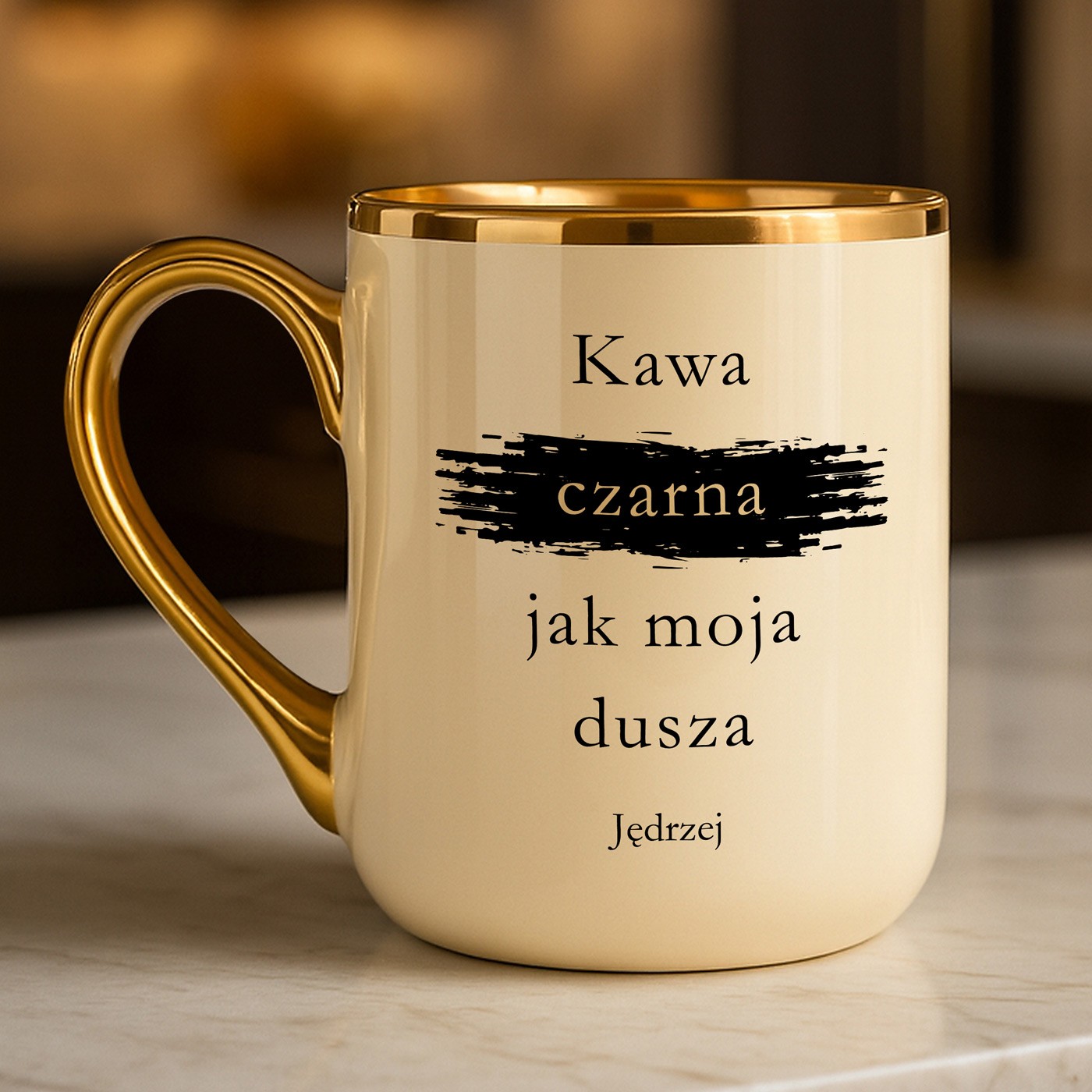 Kubek ceramiczny ze złotym rantem i uchem dla niego na urodziny imieniny święta