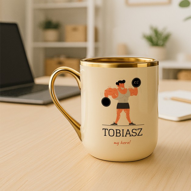 Kubek ceramiczny ze złotym rantem i uchem dla sportowca kulturysty na dzień chłopaka