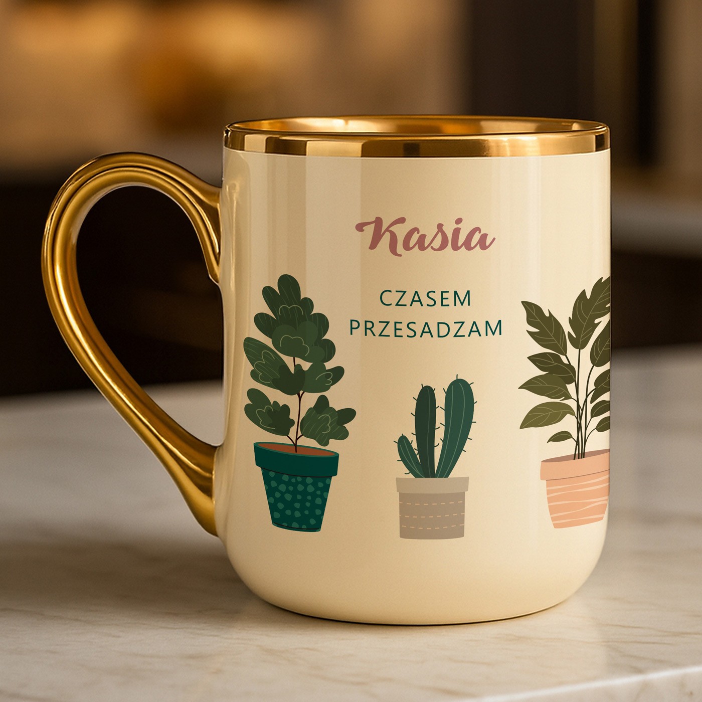 Kubek ceramiczny ze złotym rantem i uchem dla ogrodniczki na imieniny