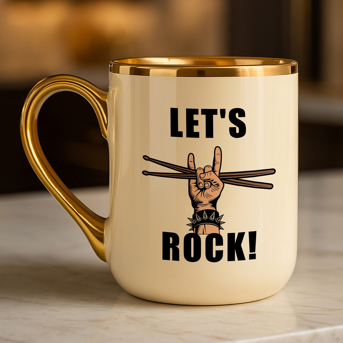 Kubek ceramiczny ze złotym rantem i uchem dla perkusisty muzyka rockowego
