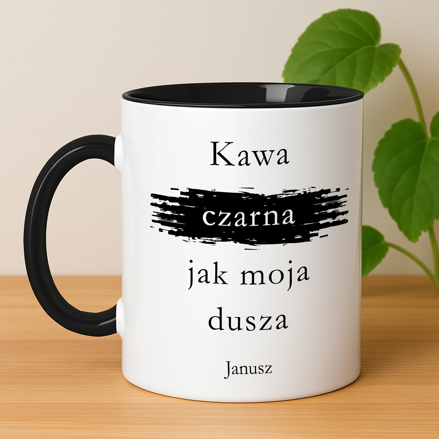 Kubek ceramiczny biały z czarnym środkiem dla kawosza na imieniny