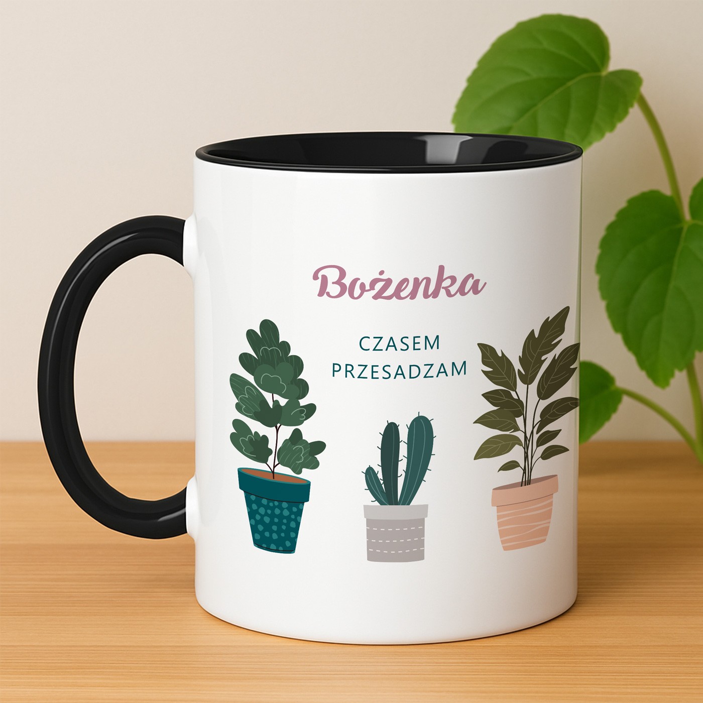Kubek ceramiczny biały z czarnym środkiem dla niej babci mamy ogrodniczki