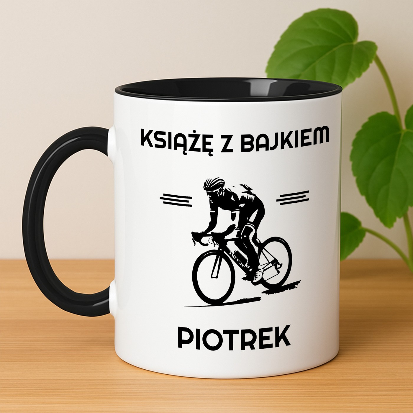 Kubek ceramiczny biały z czarnym środkiem dla rowerzysty kolarza