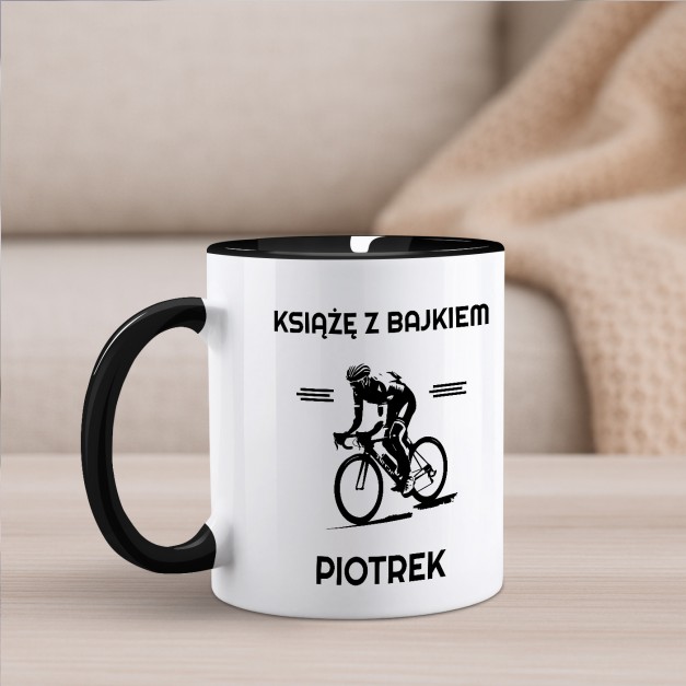 Kubek ceramiczny biały z czarnym środkiem dla rowerzysty kolarza