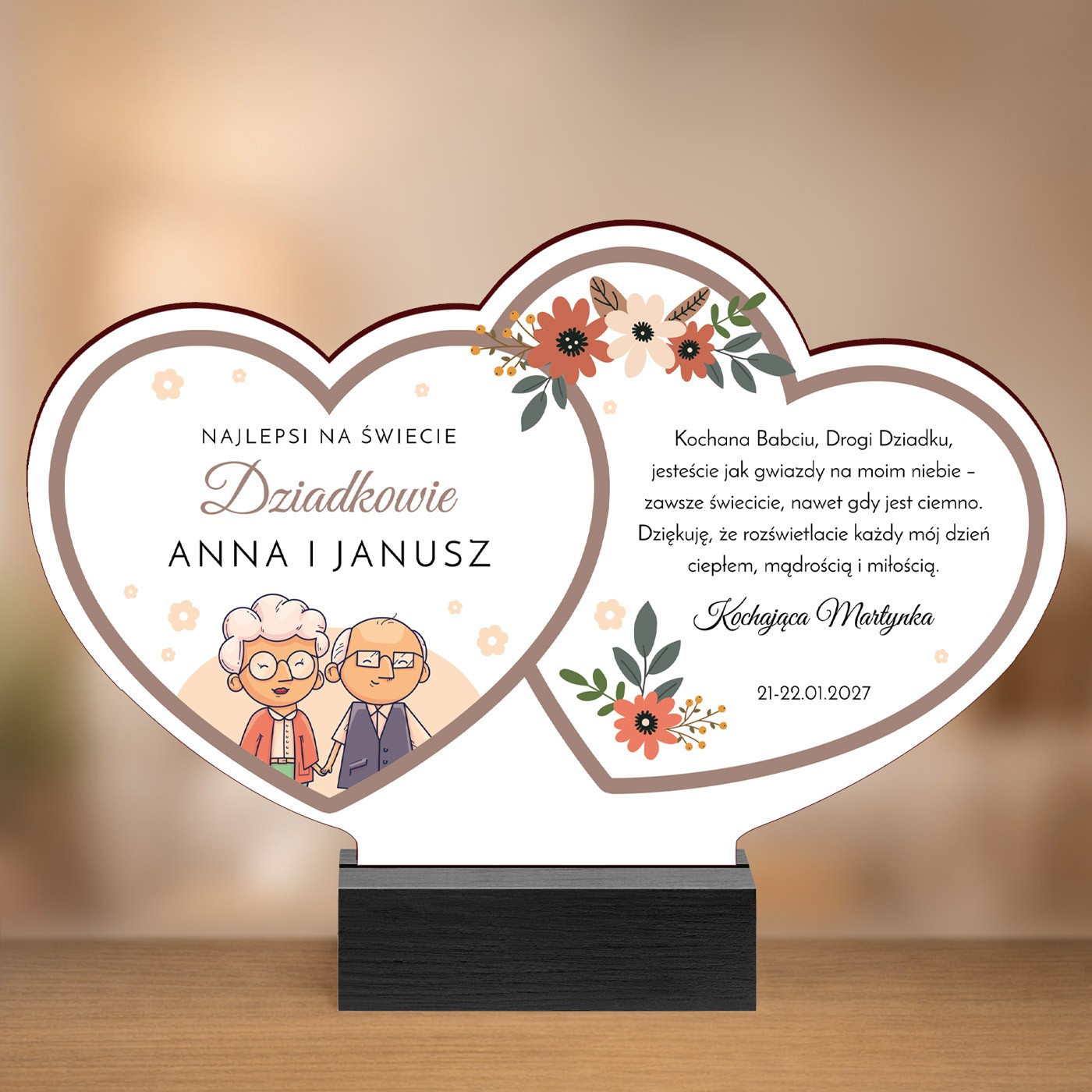 Drewniana statuetka z nadrukiem na dzień Babci i Dziadka