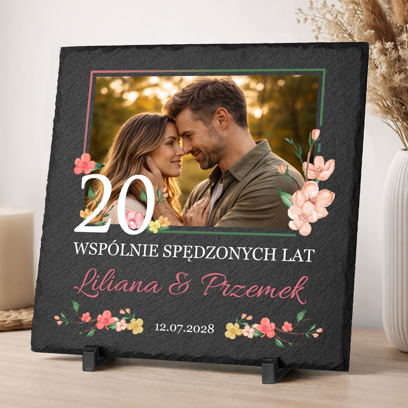 Kamienny łupek 30x30 z nadrukiem dla żony męża na 20 rocznicę ślubu