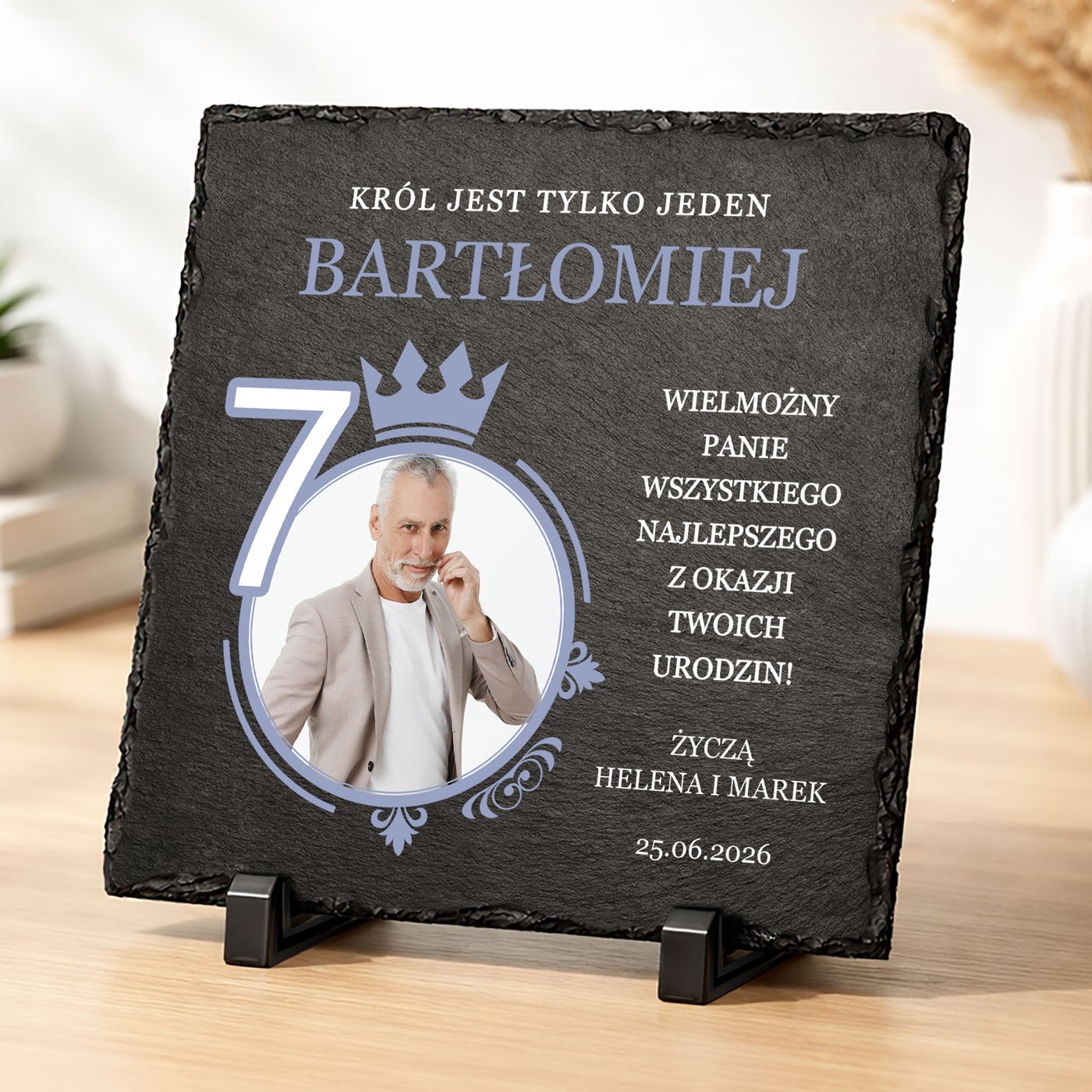 Kamienny łupek z nadrukiem 20x20 dla mężczyzny na 70 urodziny