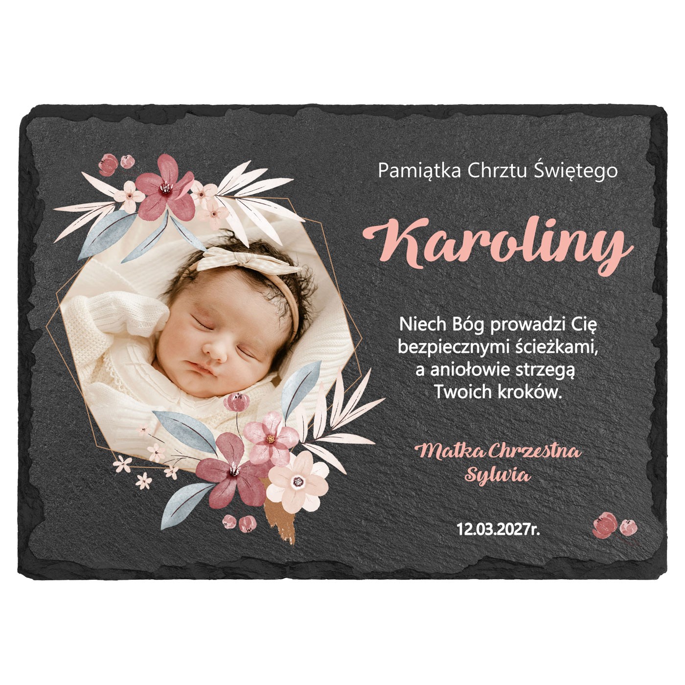 Kamienny łupek z nadrukiem 20x15 dla chrześniaczki na chrzest