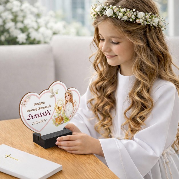 Drewniana statuetka z nadrukiem dla dziewczynki na Komunię