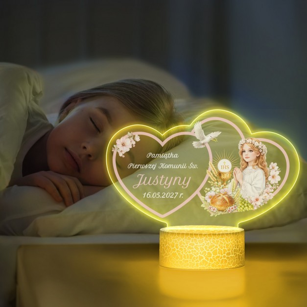 Lampka LED L z nadrukiem na szkle akrylowym na komunię dla dziewczynki