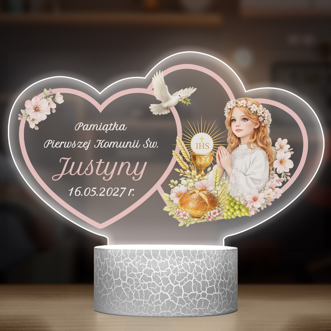 Lampka LED L z nadrukiem na szkle akrylowym na komunię dla dziewczynki