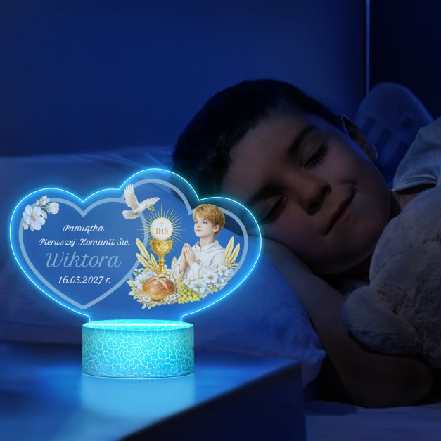 Lampka LED L z nadrukiem na szkle akrylowym na komunię dla chłopca