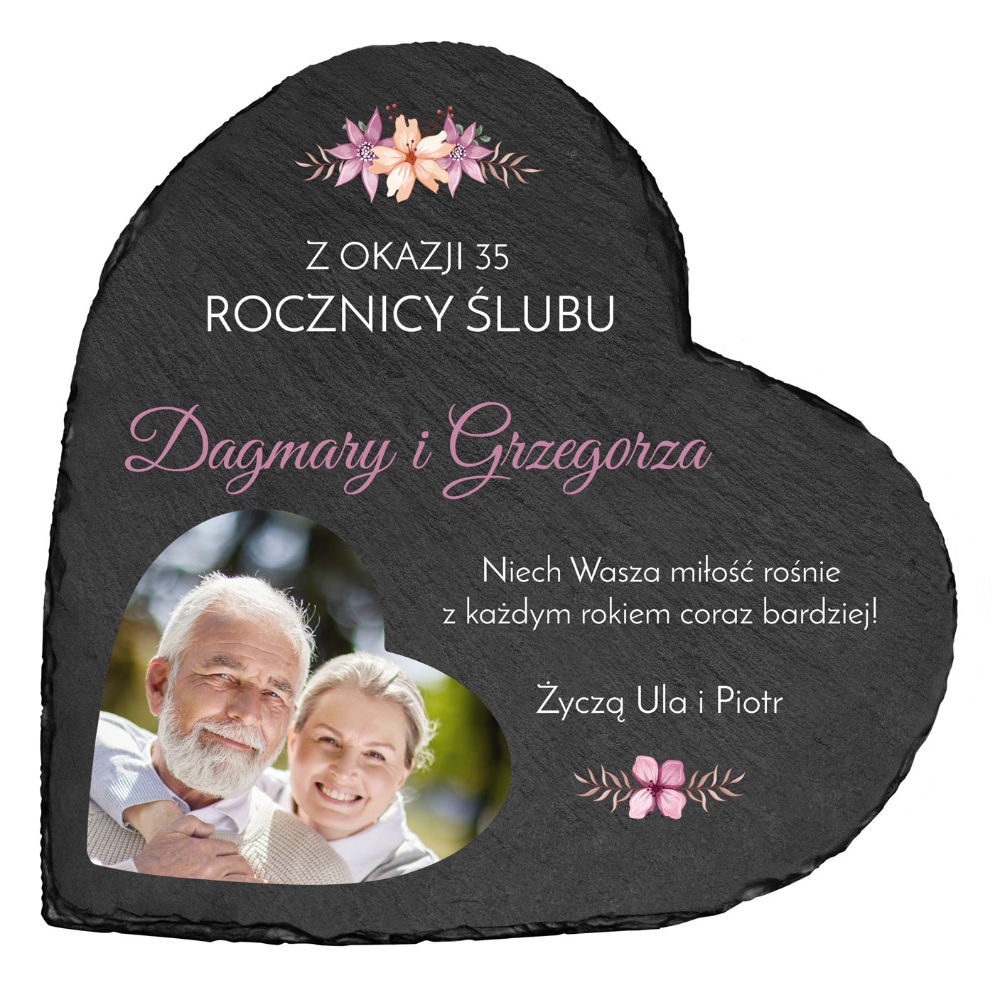 Kamienny łupek serce z nadrukiem na 35 rocznicę ślubu