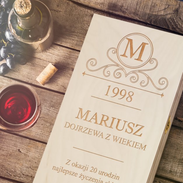 Skrzynka jasna XL na wino z grawerem dla niego na 20 urodziny