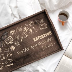 Stolik drewniany śniadaniowy z grawerem dla niej nauczycielki na imieniny