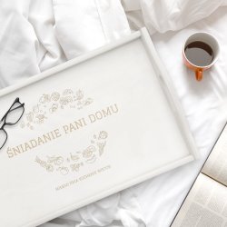 Stolik drewniany śniadaniowy biały z grawerem dla żony